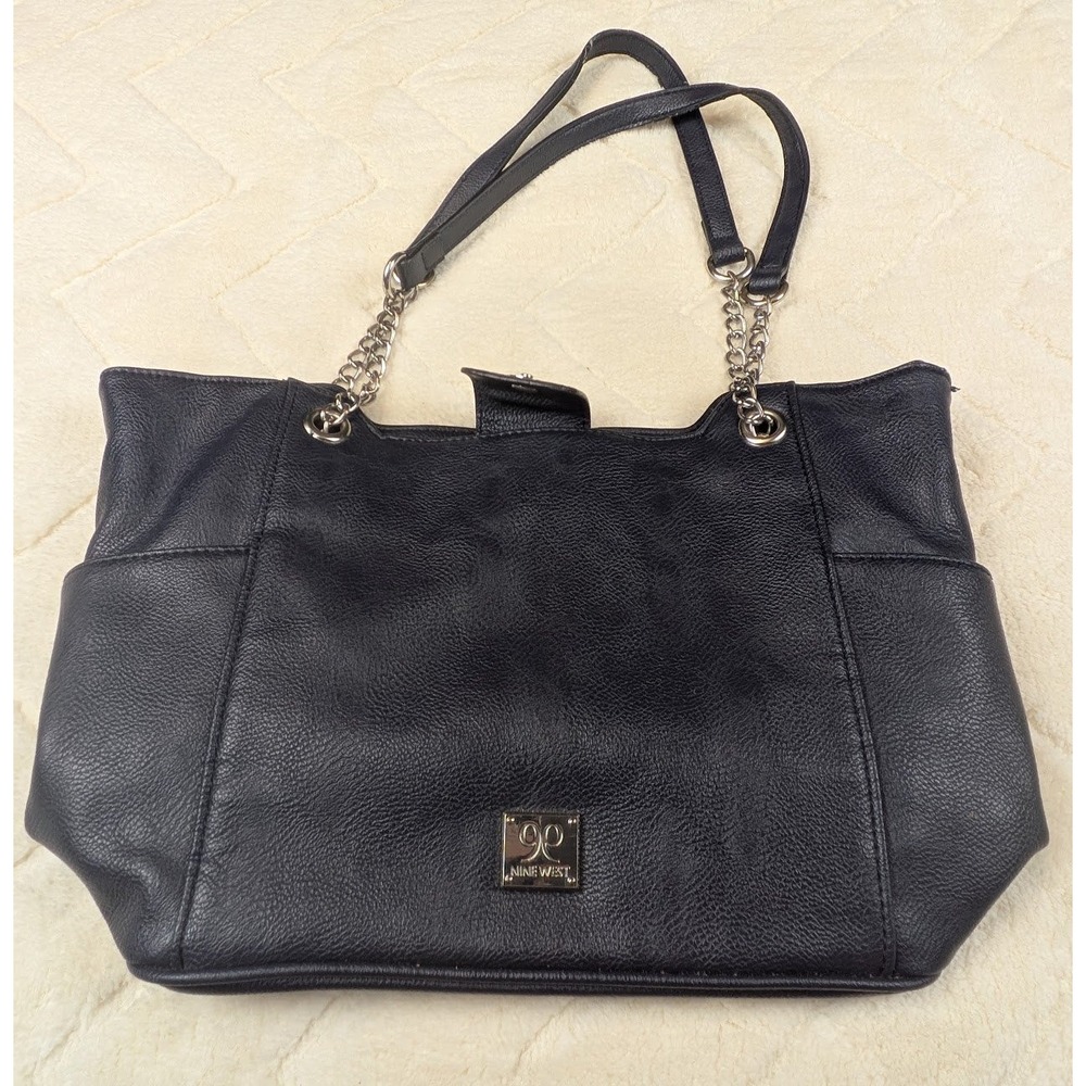 Nine West Black Faux Leather Tote Bag Silver Chain Shoulder Bag